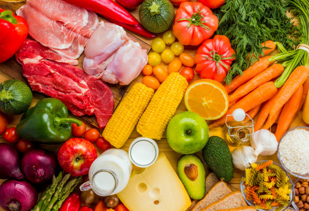 Different types of food from the food pyramid seen from above.
